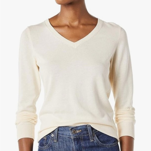 Amazon Essentials Ivory Cream V Neck Long Sleeve Cotton Sweater Size Medium - Picture 1 of 9